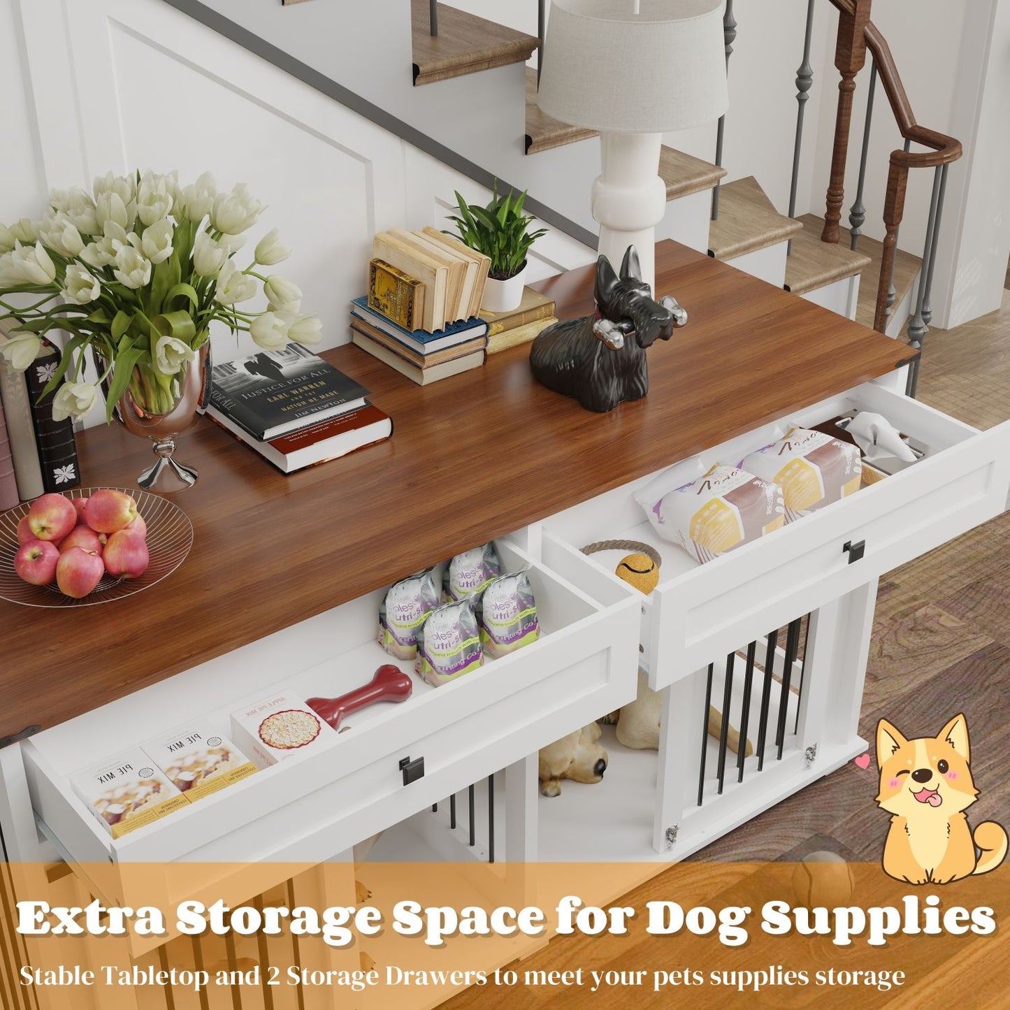 63'' Large Dog Crate Furniture for Double Dog, Wooden Dog Kennel