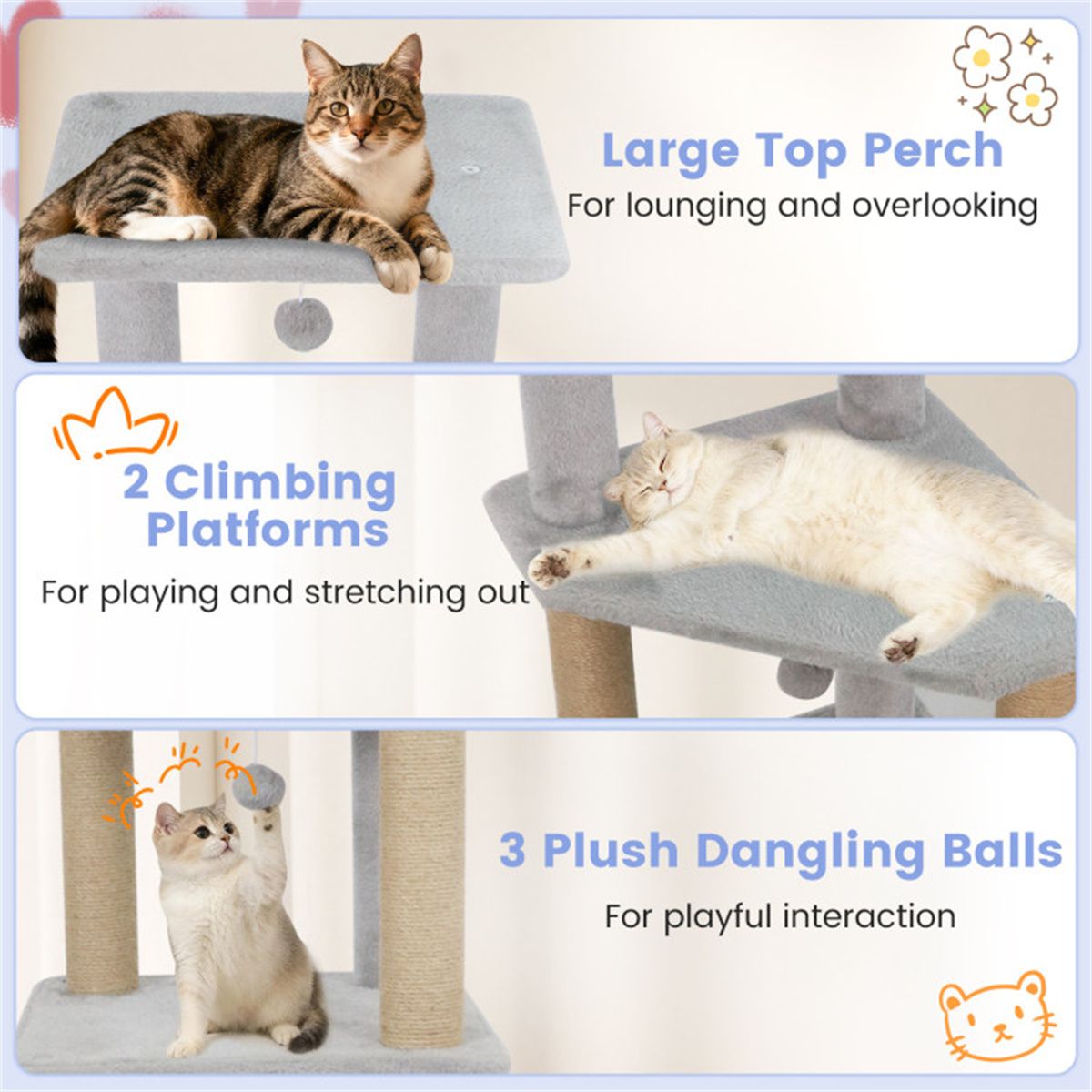 64" Light Gray Cat Tower with Plush Perches & 3 Dangling Balls