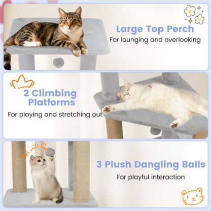 64" Light Gray Cat Tower with Plush Perches & 3 Dangling Balls