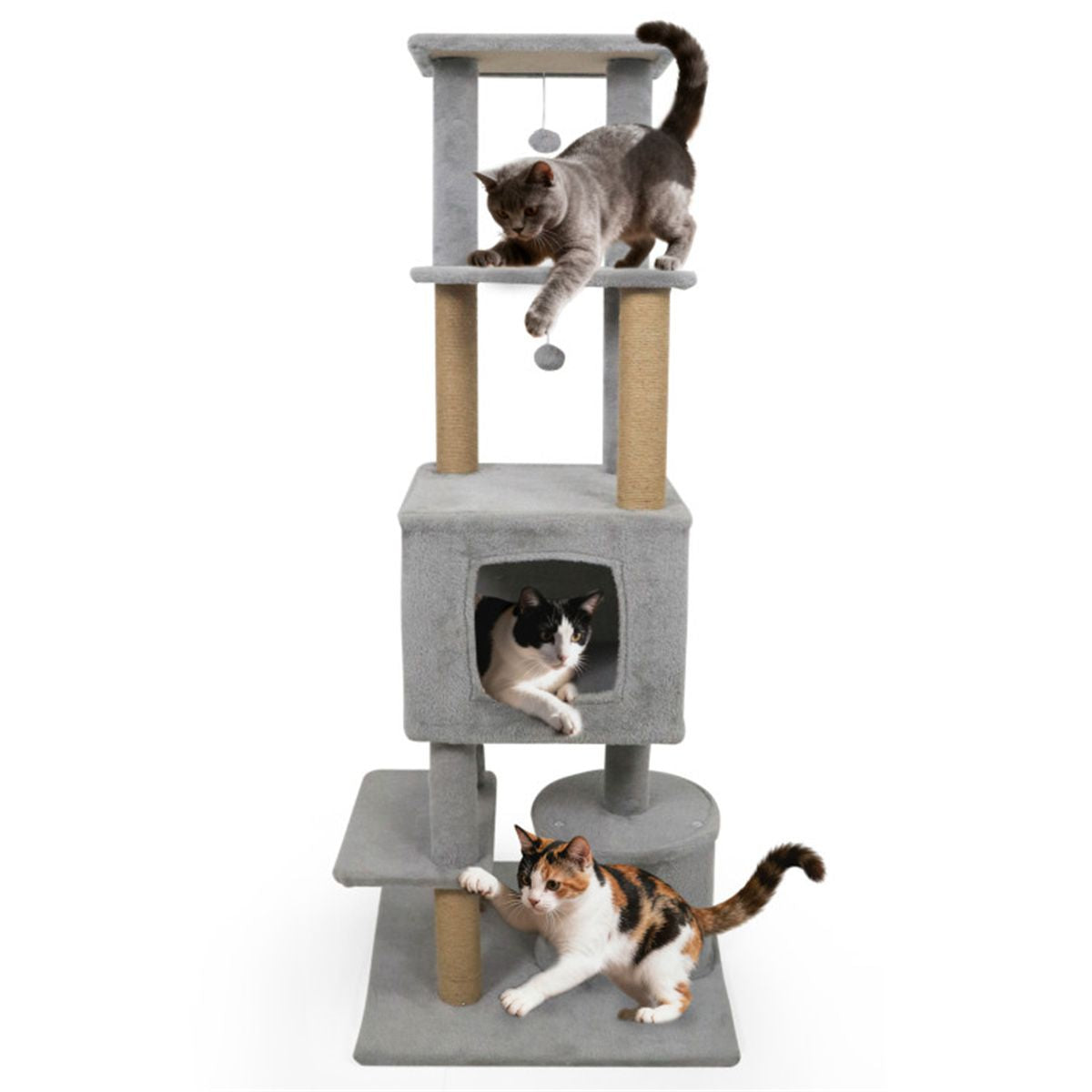64" Light Gray Cat Tower with Plush Perches & 3 Dangling Balls