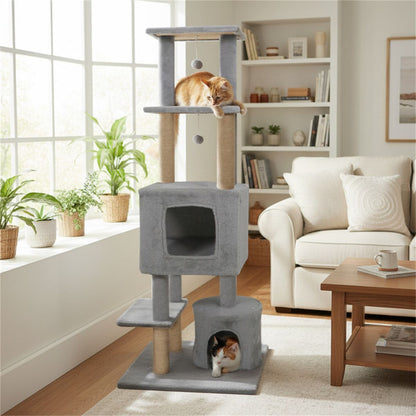 64" Light Gray Cat Tower with Plush Perches & 3 Dangling Balls