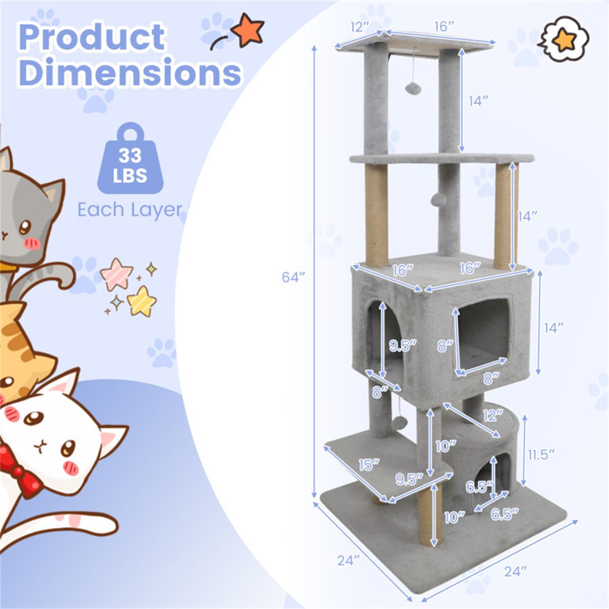 64" Light Gray Cat Tower with Plush Perches & 3 Dangling Balls