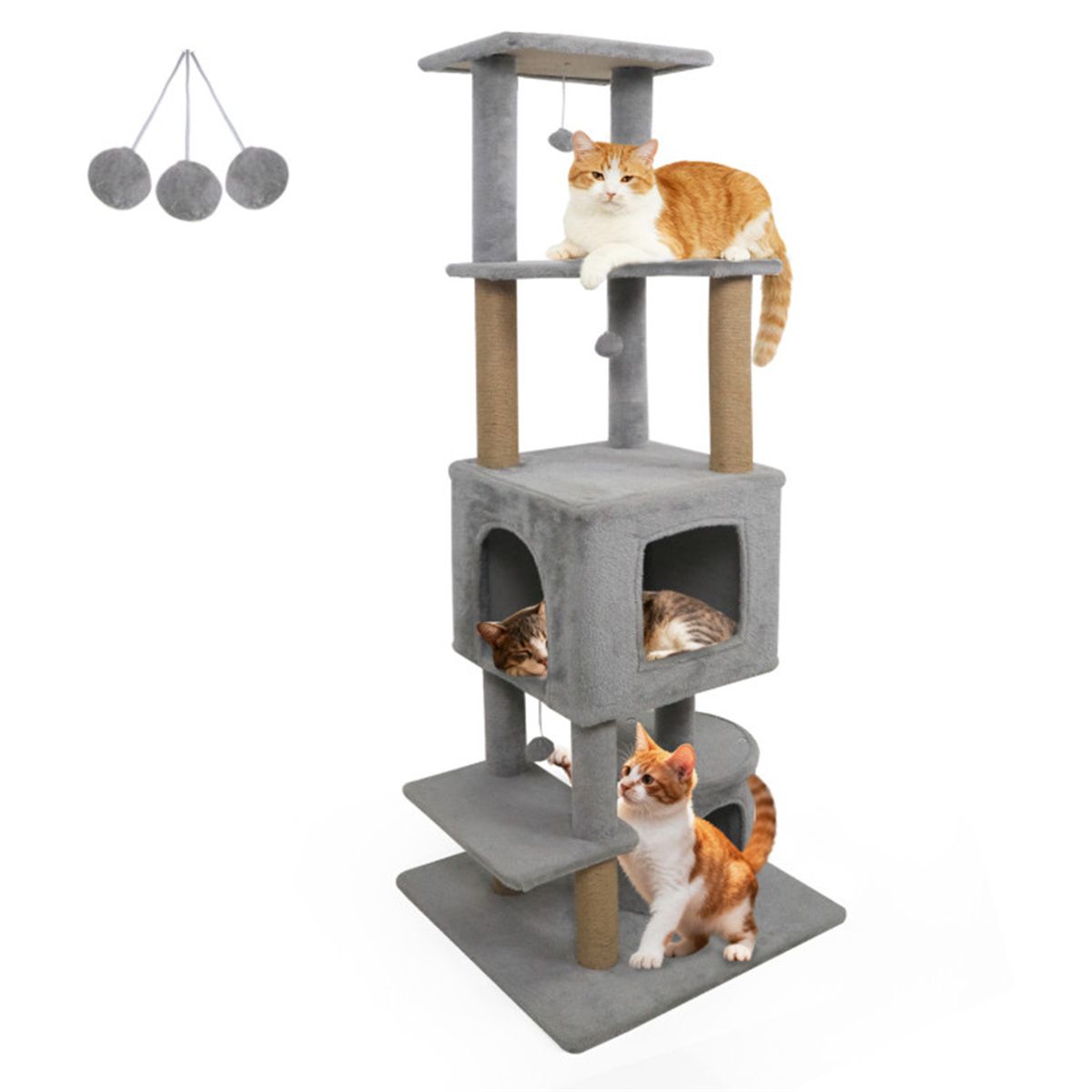 64" Light Gray Cat Tower with Plush Perches & 3 Dangling Balls