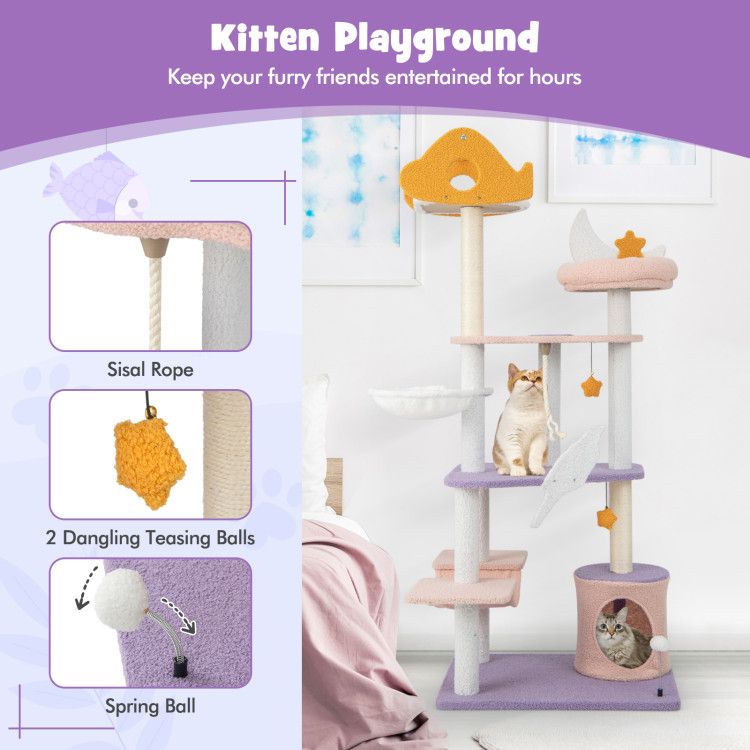 66" Cute Cat Tree Cats Multi-Level Tall Cat Tower with Sisal