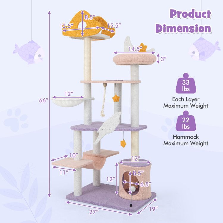 66" Cute Cat Tree Cats Multi-Level Tall Cat Tower with Sisal
