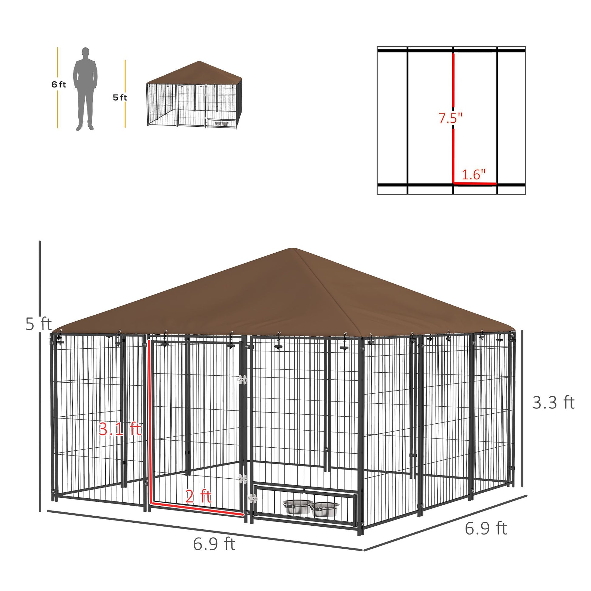 6.9 X5' Outdoor Dog Kennel with Canopy, Coffee Garden Playpen Fence