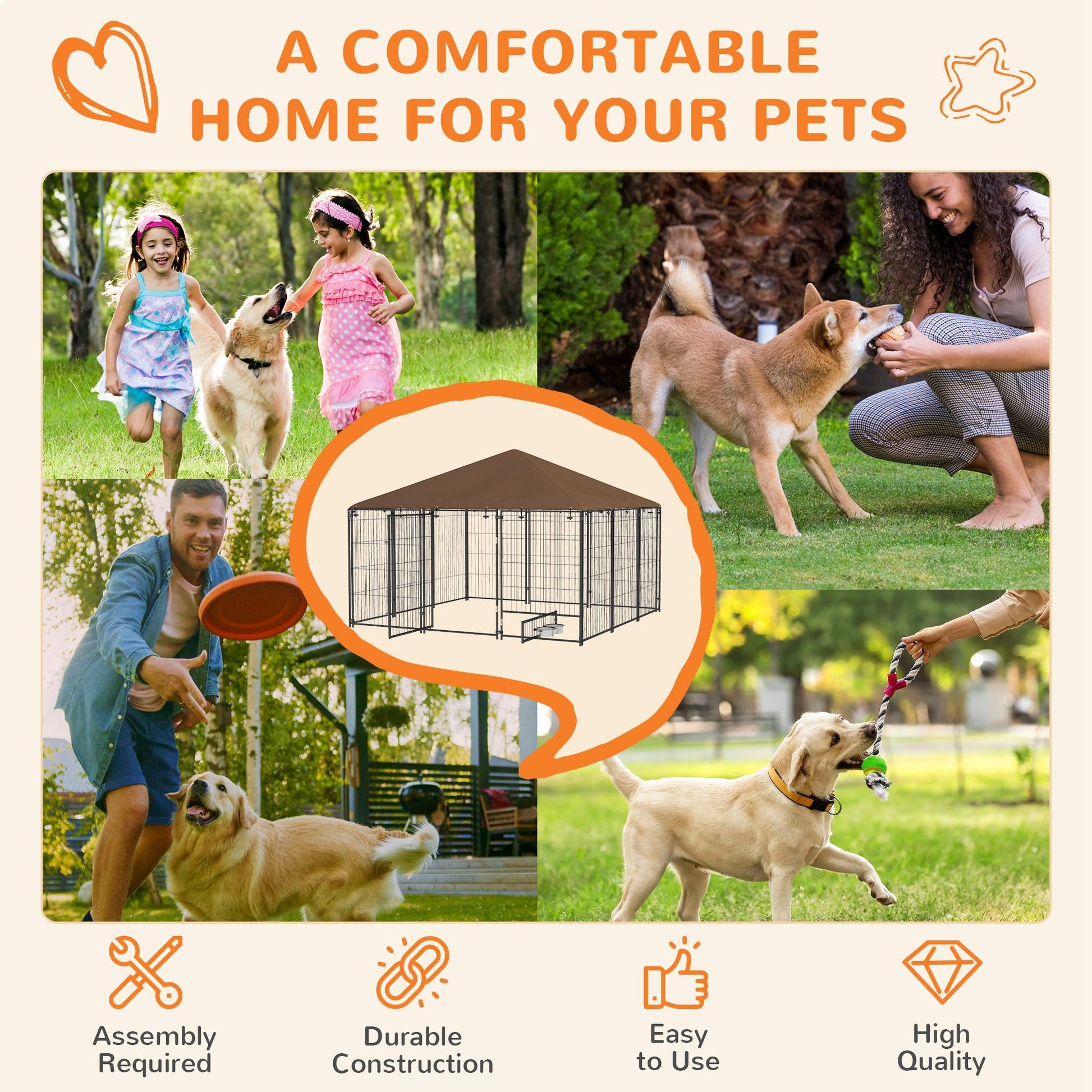 6.9 X5' Outdoor Dog Kennel with Canopy, Coffee Garden Playpen Fence