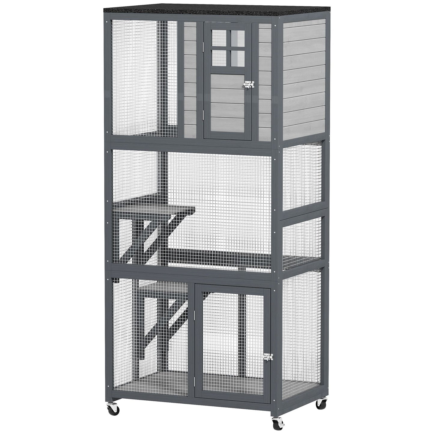 74" Wooden Outdoor Cat House Catio with High Weight Capacity, Cat