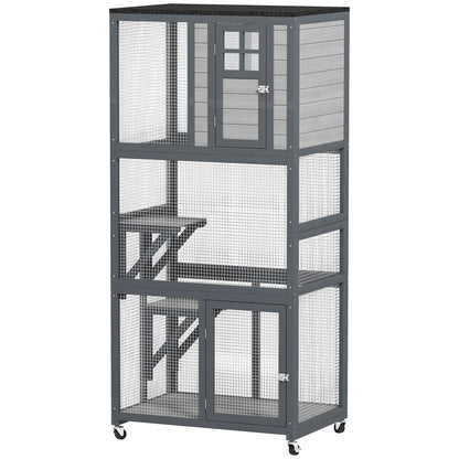 74" Wooden Outdoor Cat House Catio with High Weight Capacity, Cat