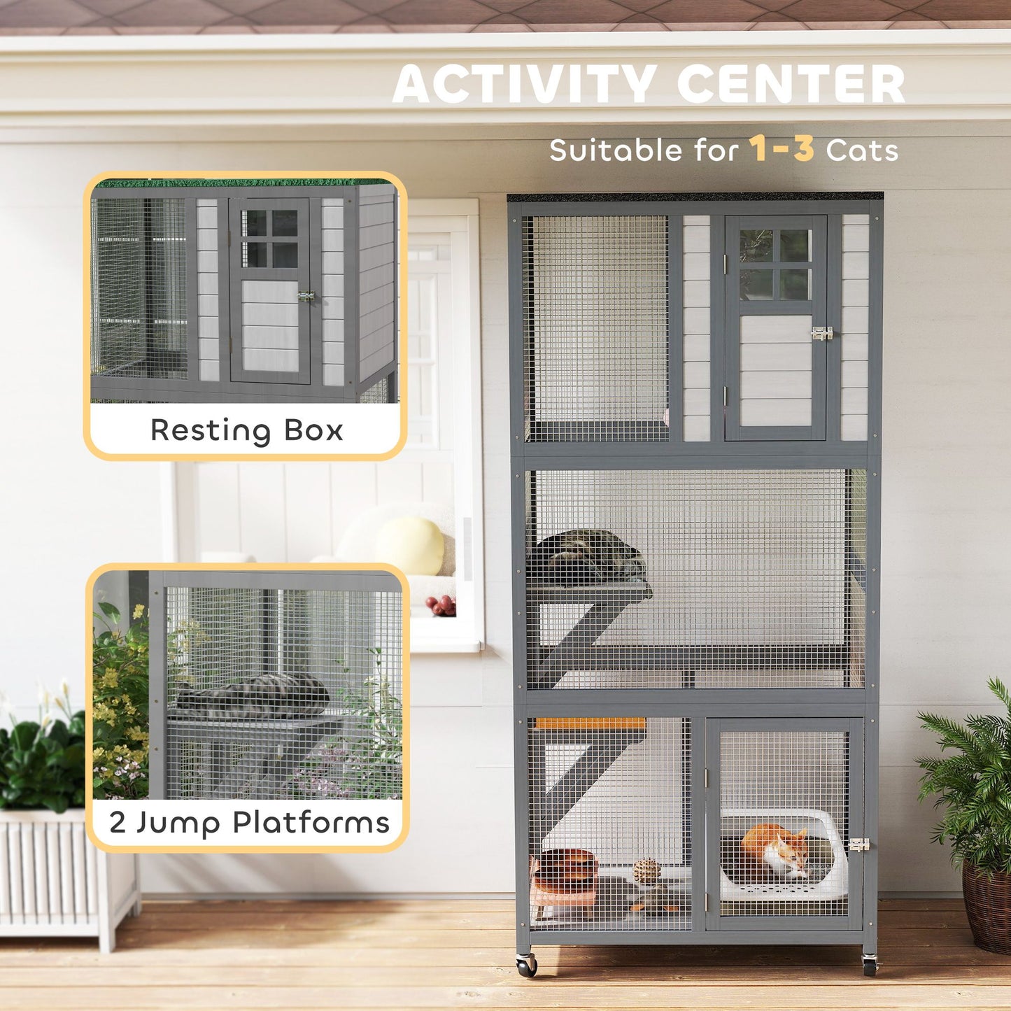 74" Wooden Outdoor Cat House Catio with High Weight Capacity, Cat