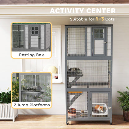 74" Wooden Outdoor Cat House Catio with High Weight Capacity, Cat