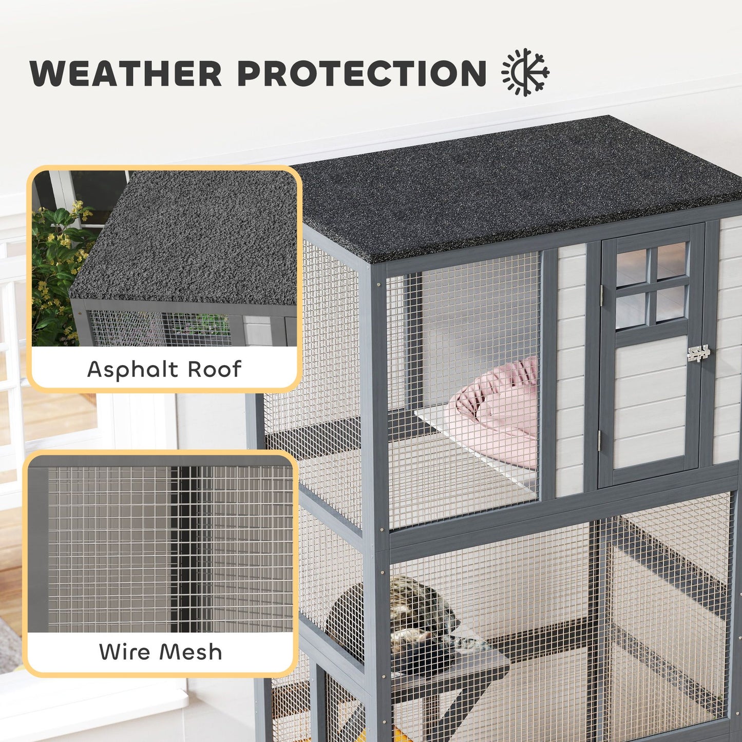 74" Wooden Outdoor Cat House Catio with High Weight Capacity, Cat