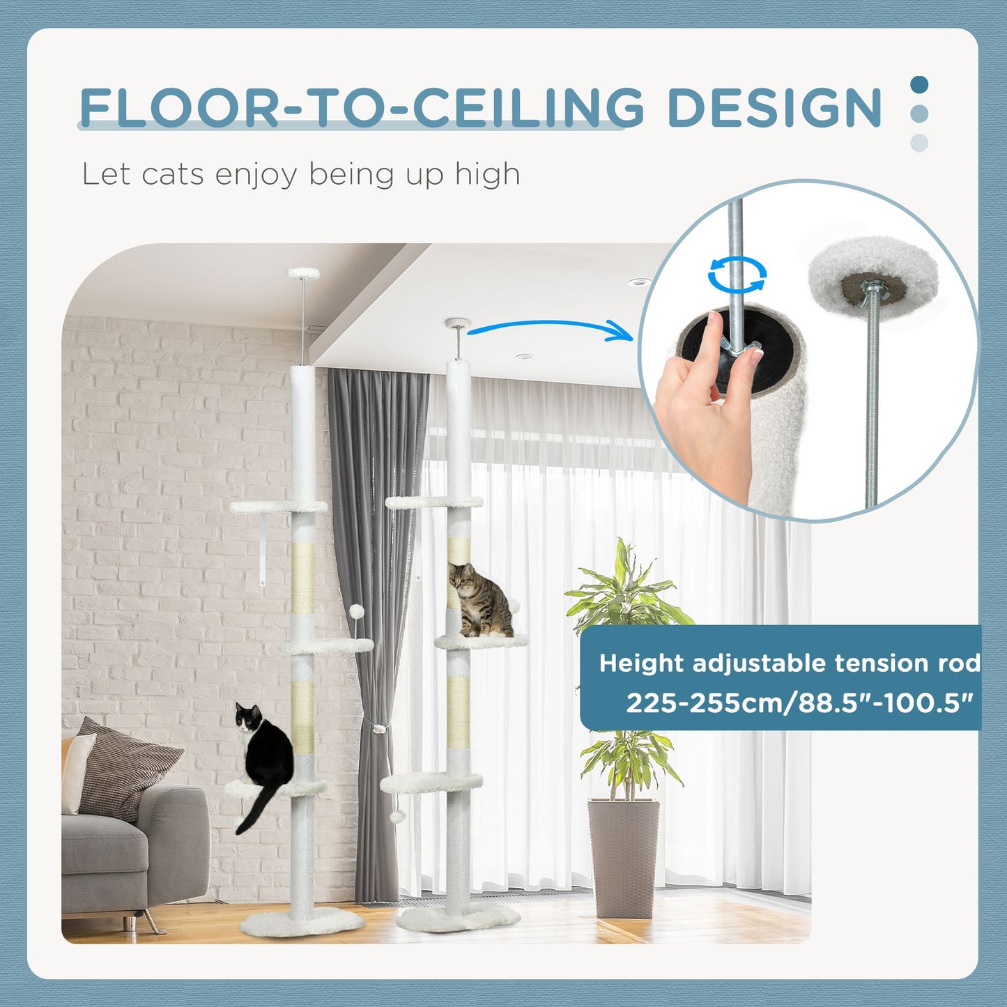 8.4' Floor to Ceiling Cat Tree, Adjustable Height, White