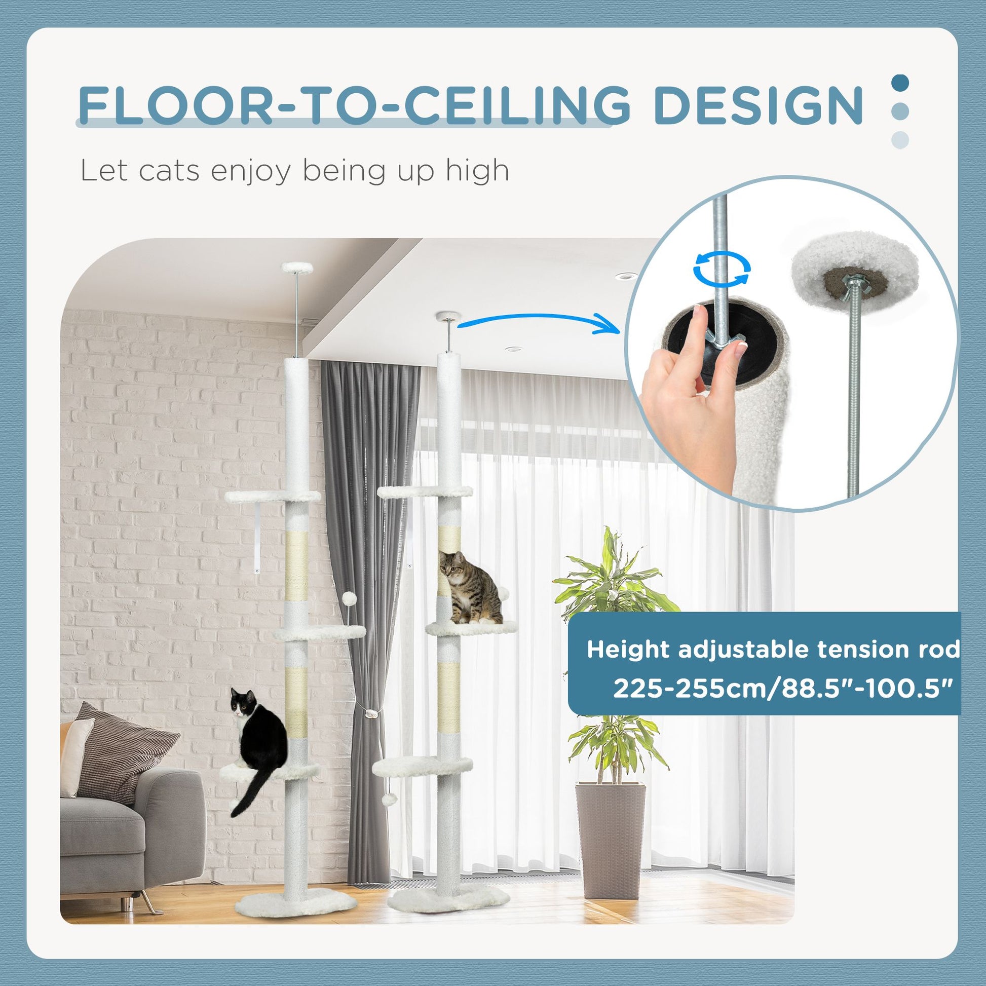 8.4' Floor to Ceiling Cat Tree, Adjustable Height, White