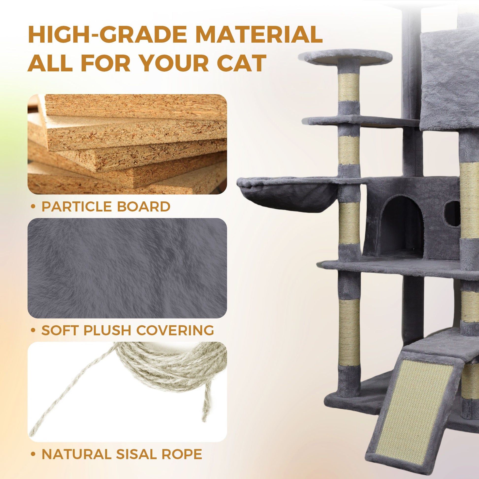 84.6 in Dark Gray Cat Tree Tower with Wide Base, 3 Large Hinding