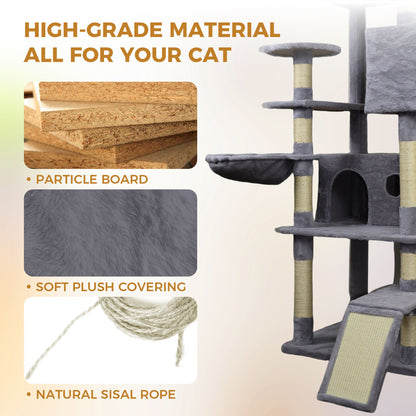 84.6 in Dark Gray Cat Tree Tower with Wide Base, 3 Large Hinding