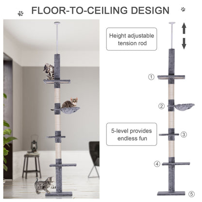 8.5' Adjustable Height Floor-to-Ceiling Vertical Cat Tree, 5 Level