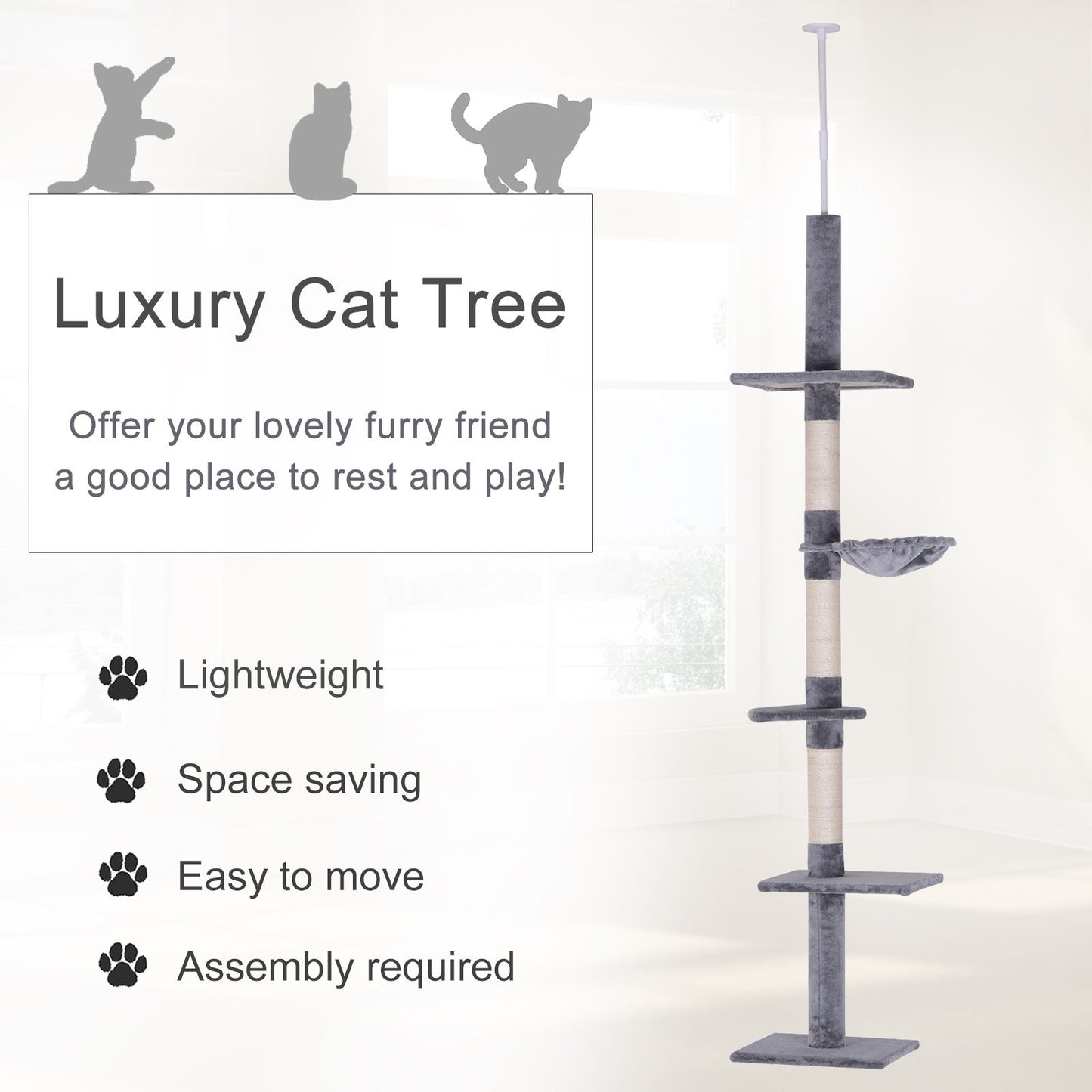 8.5' Adjustable Height Floor-to-Ceiling Vertical Cat Tree, 5 Level