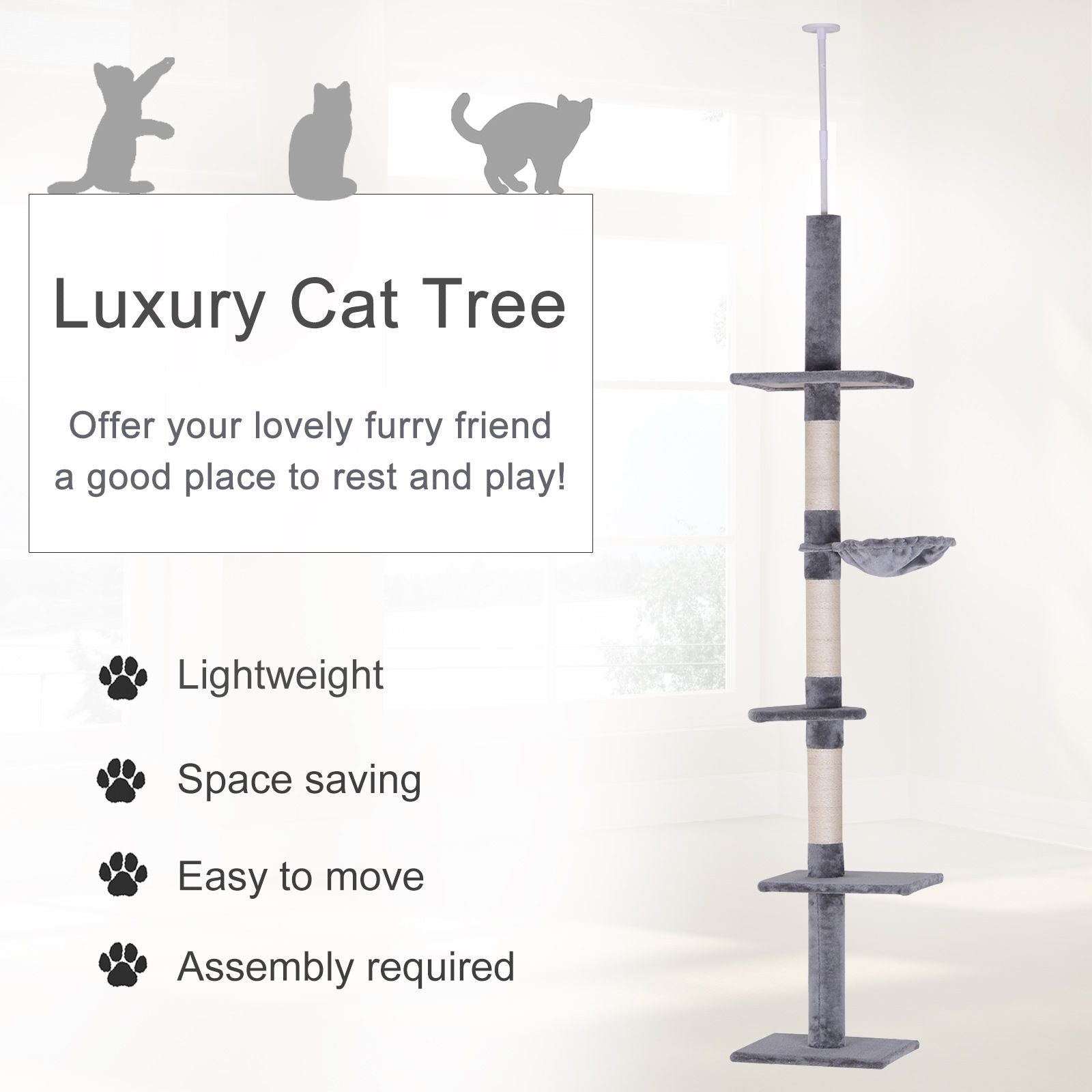 8.5' Adjustable Height Floor-to-Ceiling Vertical Cat Tree, 5 Level
