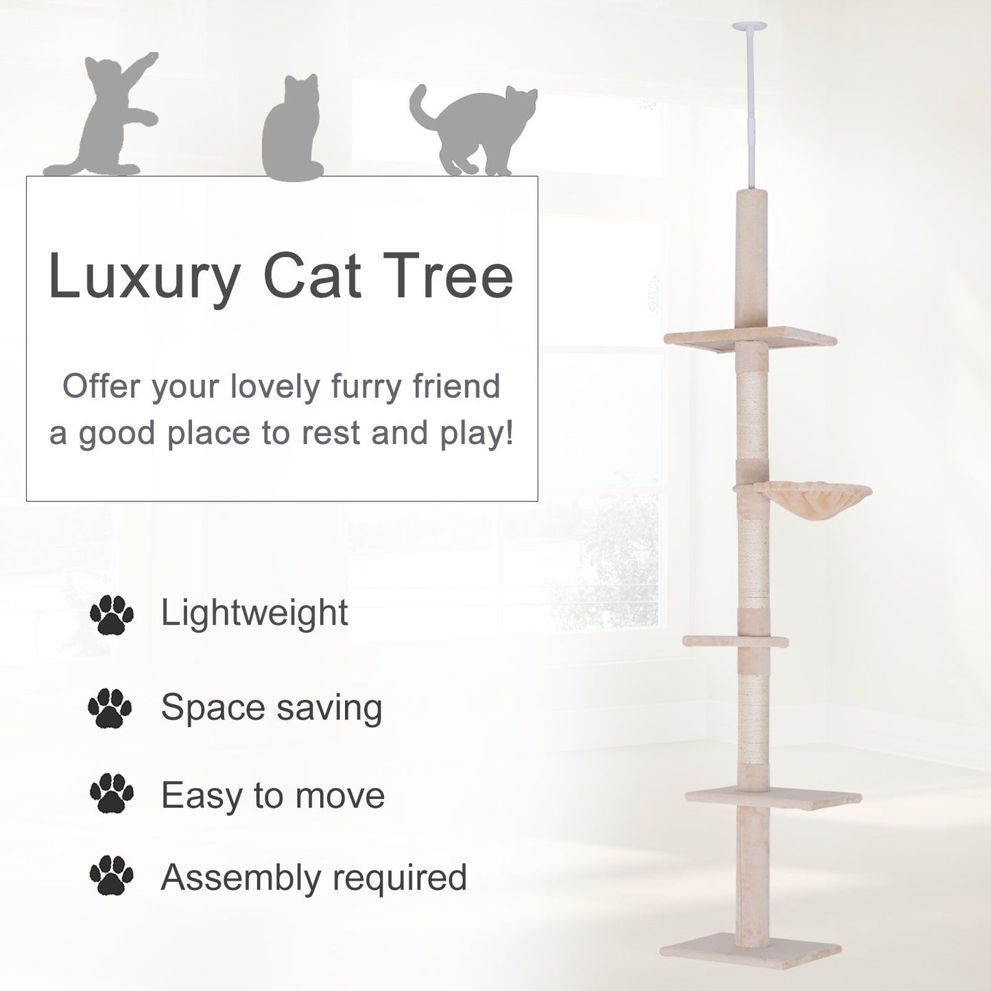 8.5' Vertical Cat Tree Adjustable Height Floor-to-Ceiling with 5