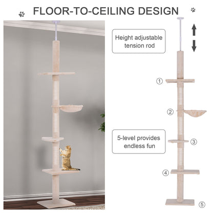 8.5' Vertical Cat Tree Adjustable Height Floor-to-Ceiling with 5