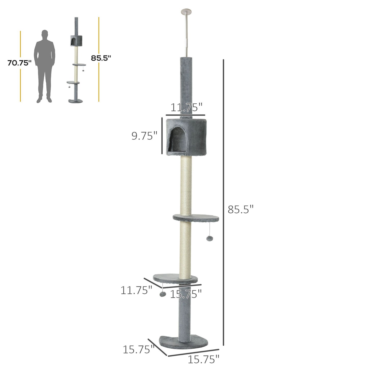 85.5" Adjustable Height Cat Tree Floor-to-Ceiling 4-Tier Climbing
