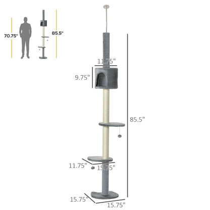85.5" Adjustable Height Cat Tree Floor-to-Ceiling 4-Tier Climbing