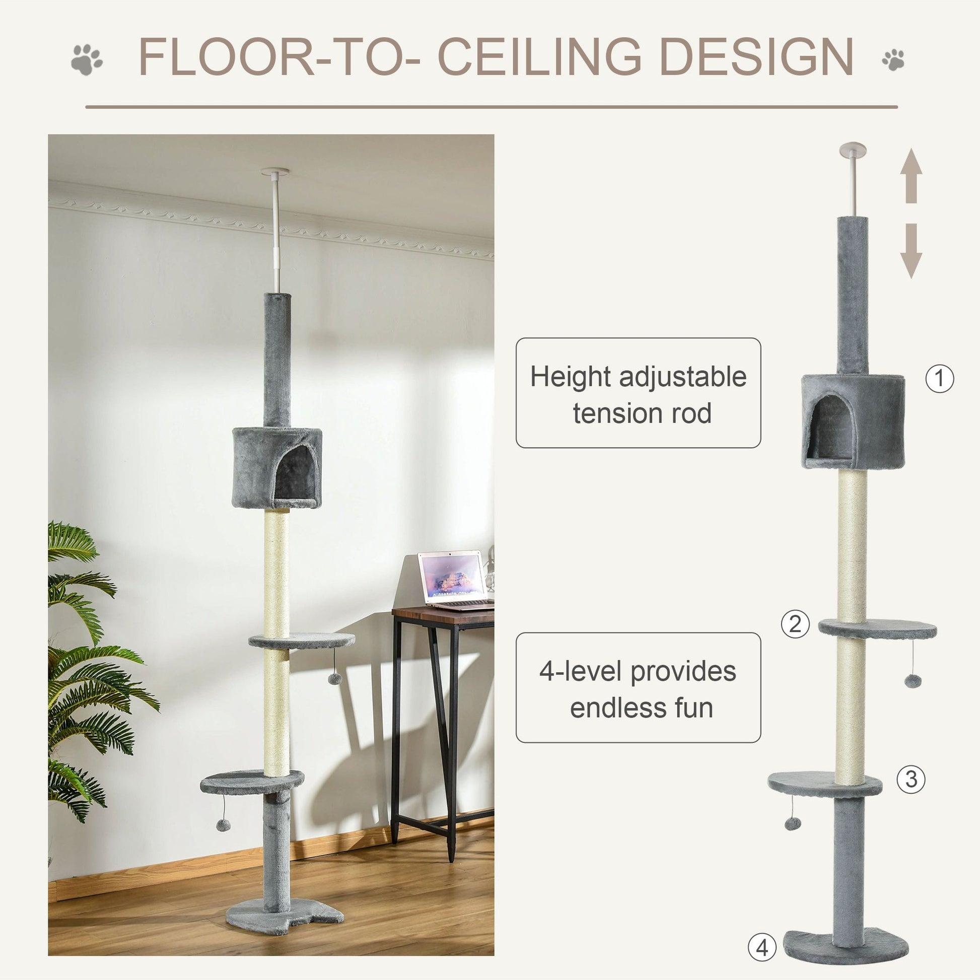 85.5" Adjustable Height Cat Tree Floor-to-Ceiling 4-Tier Climbing