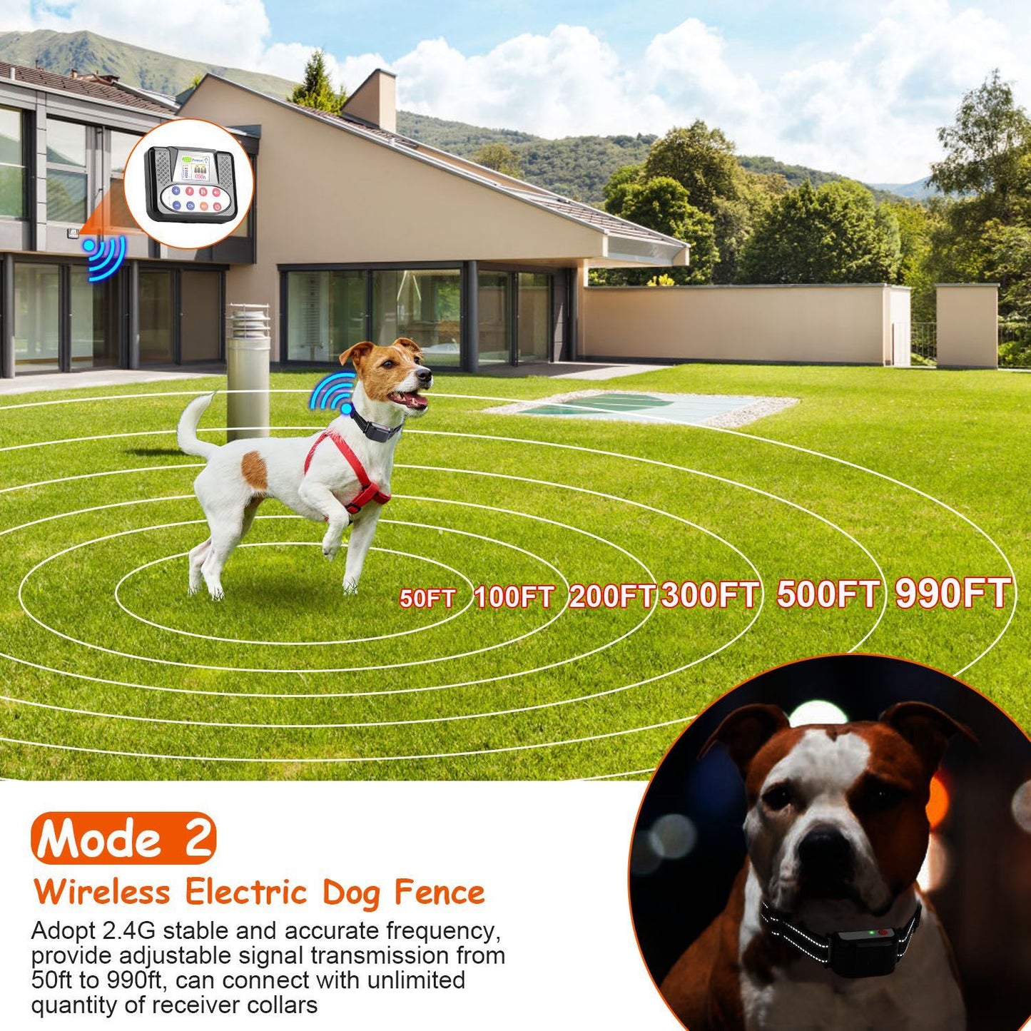 990FT Range Dog Wireless Fence Remote Training Collar IPX6