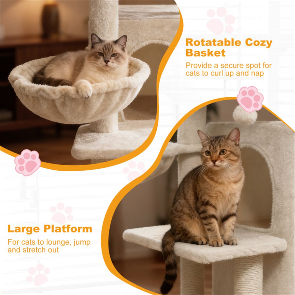 Beige 33.5" Multi-Level Cat Tree with 2-Tier Condo, Sisal