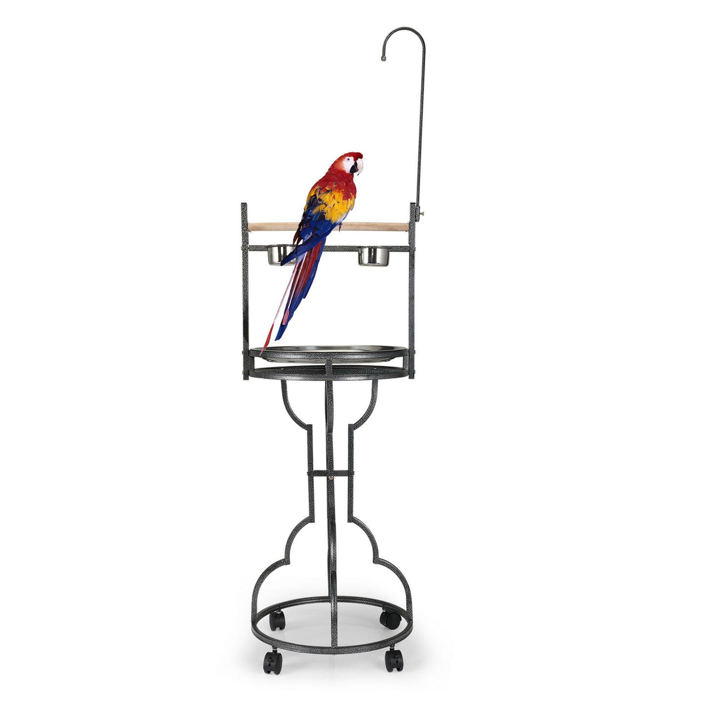 Bird Stand Rack with Solid Wood Perch, Feeding Bowls, Waste Tray