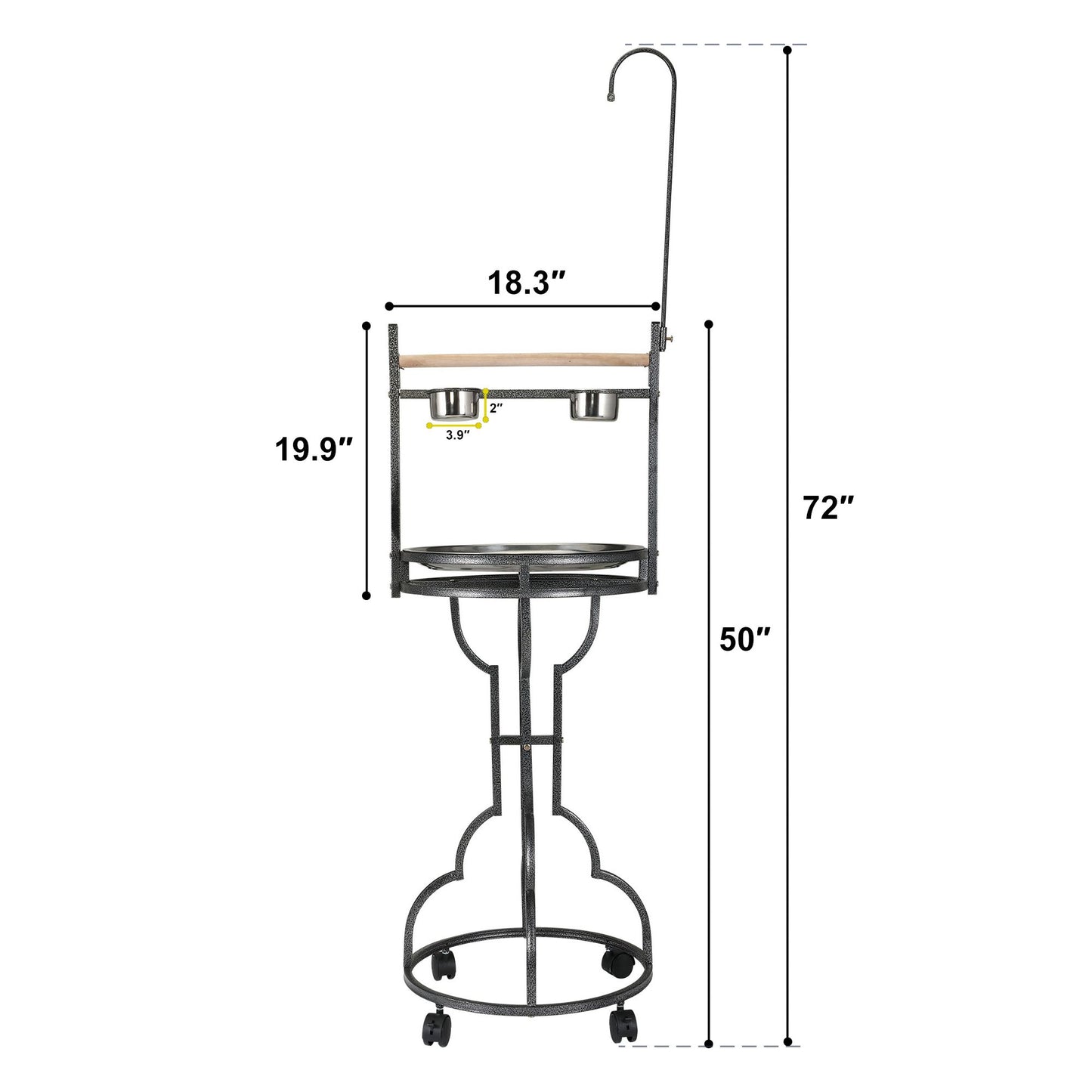 Bird Stand Rack with Solid Wood Perch, Feeding Bowls, Waste Tray