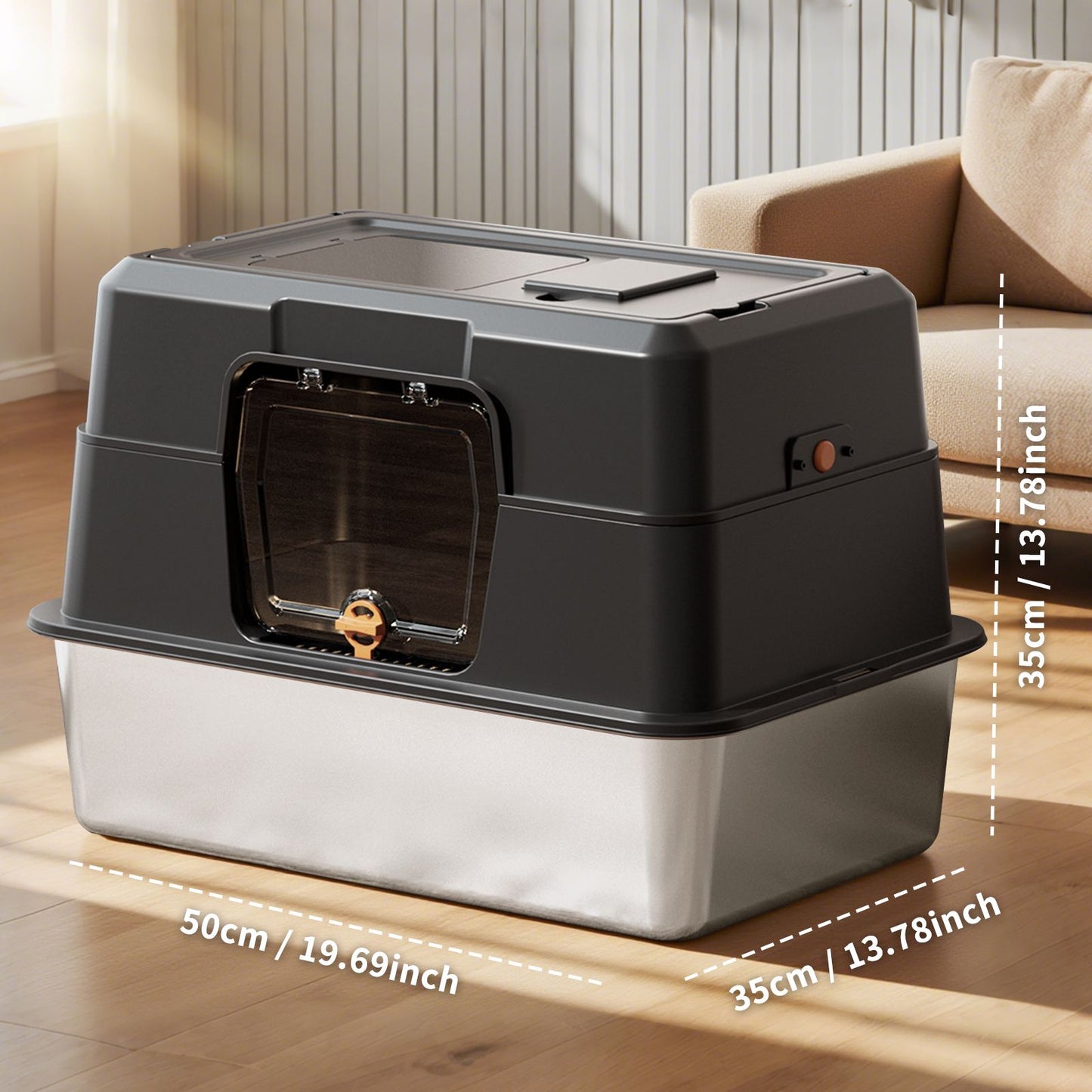 Black Stainless Steel Fully Enclosed Cat Litter Box, Durable
