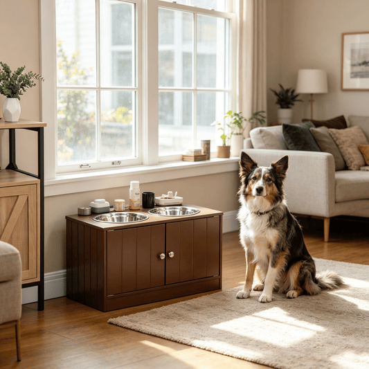 Brown Elevated Dog Bowls with Storage Cabinet Raised Dog Bowl Stand