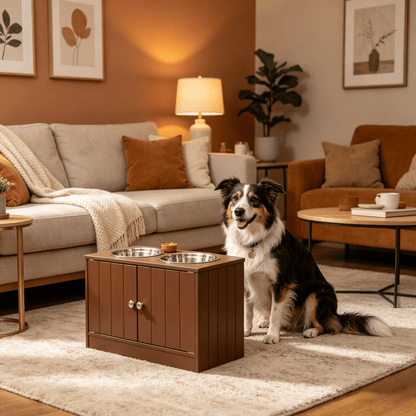 Brown Elevated Dog Bowls with Storage Cabinet Raised Dog Bowl Stand