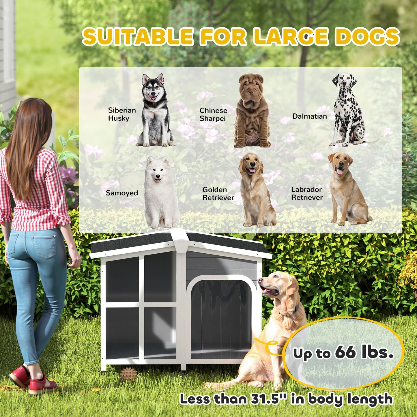Cabin-Style Wooden Dog House for Large Dogs with Openable Roof &