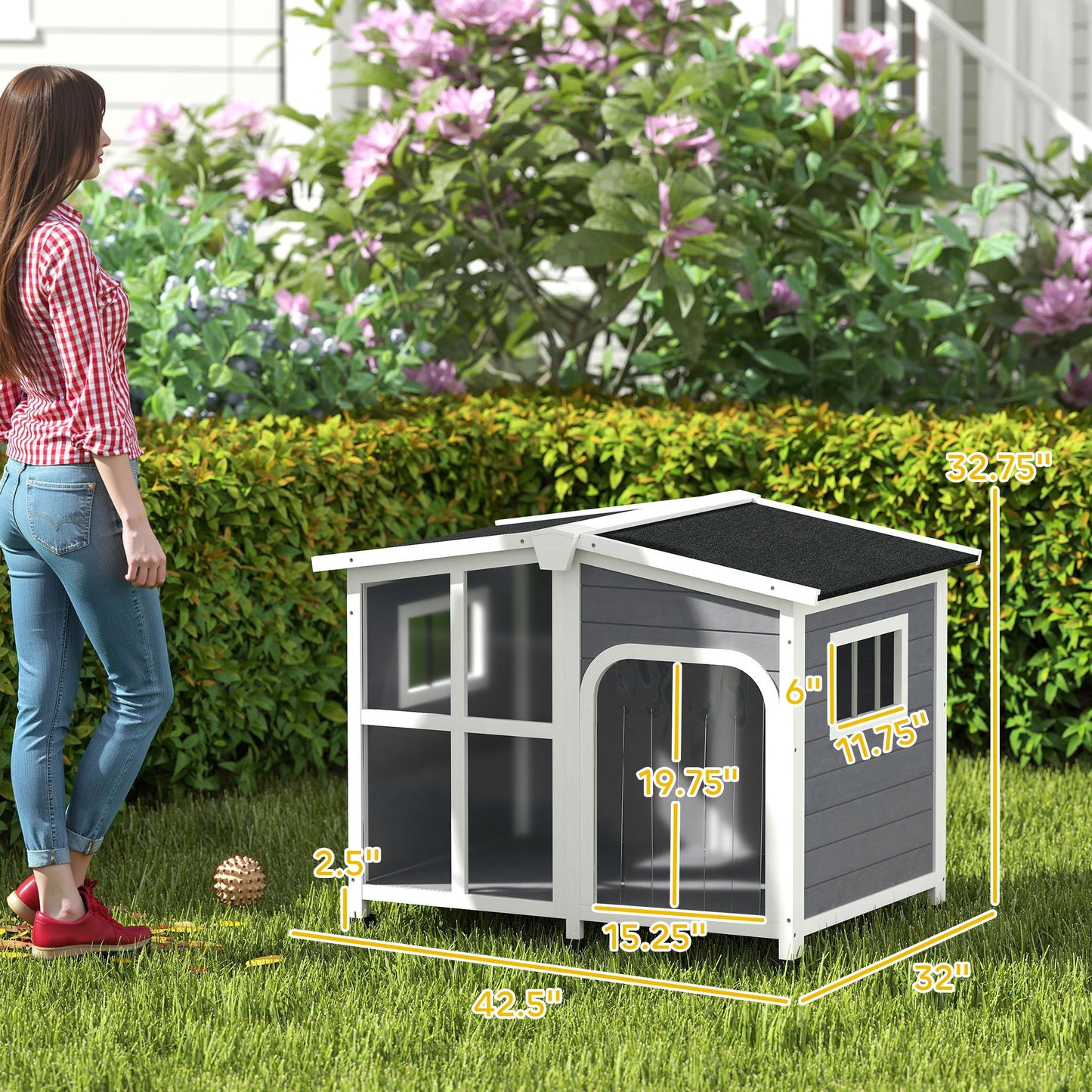 Cabin-Style Wooden Dog House for Large Dogs with Openable Roof &