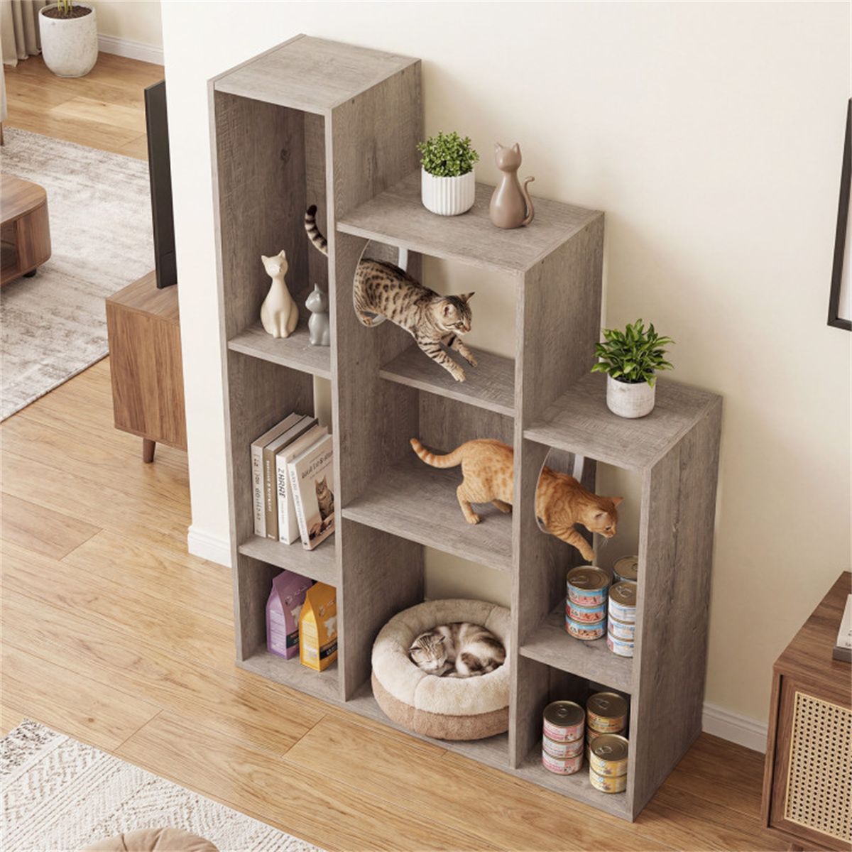 Cat Bookshelf Cabinet (Gray Oak), 8 Organized Storage Sections &