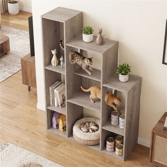 Cat Bookshelf Cabinet (Gray Oak), 8 Organized Storage Sections &
