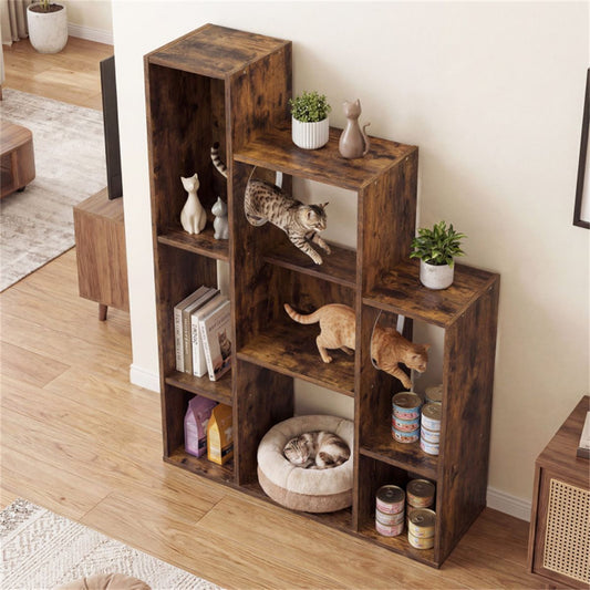 Cat Bookshelf Cabinet (Rustic Brown), 8 Organized Storage Sections