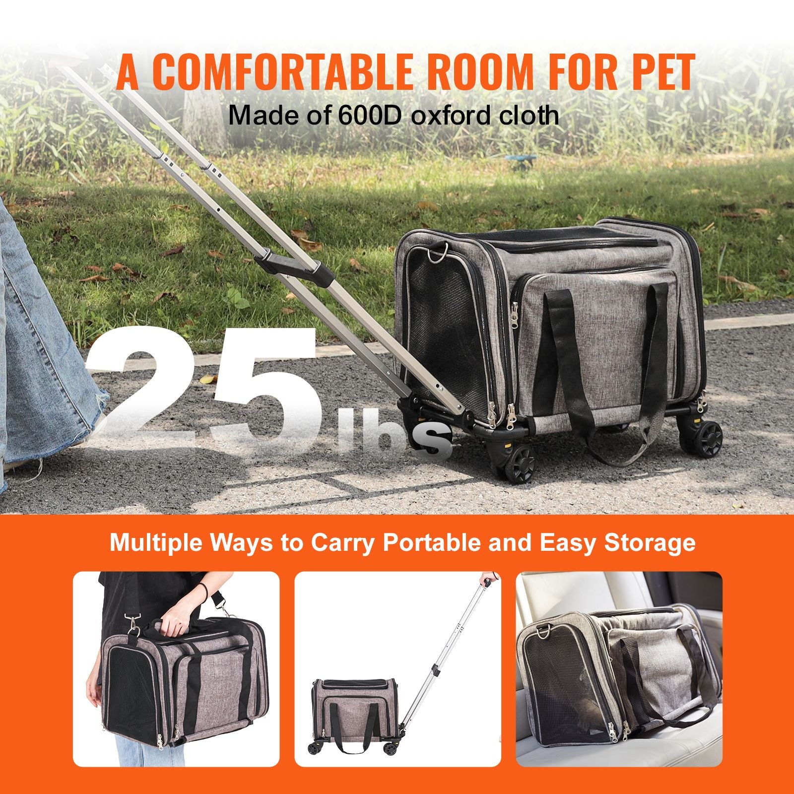 Cat Carrier with Wheels, Airline Approved Rolling Pet Carrier