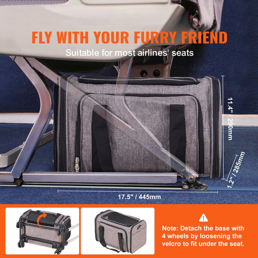 Cat Carrier with Wheels, Airline Approved Rolling Pet Carrier