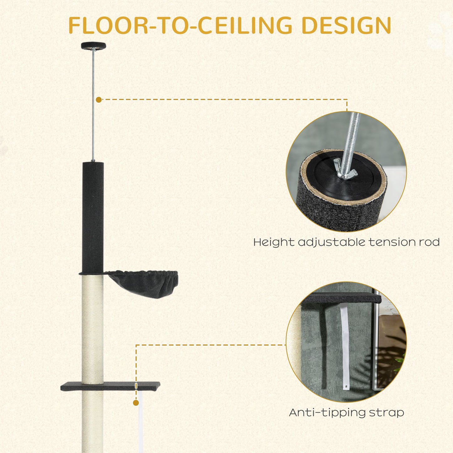 Cat Climbing Tower Floor to Ceiling 5-Tier Adjustable 95' '