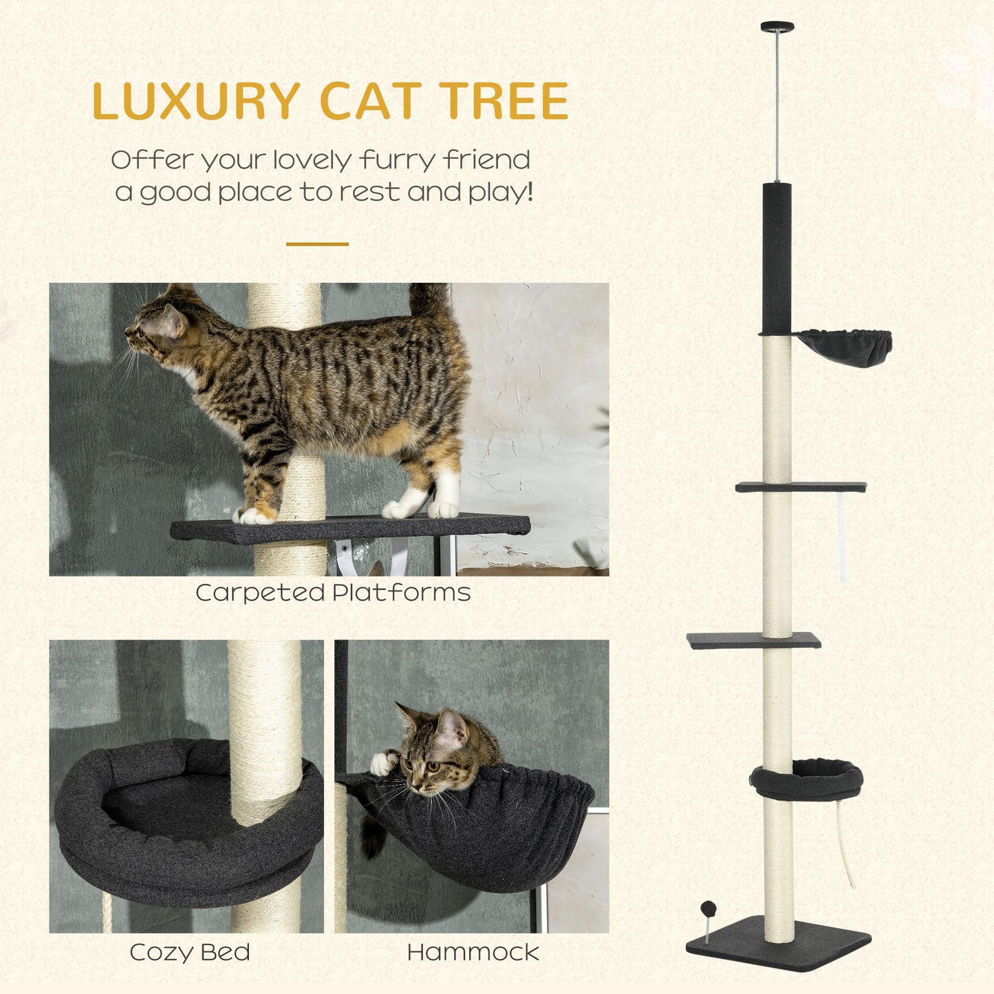 Cat Climbing Tower Floor to Ceiling 5-Tier Adjustable 95' '