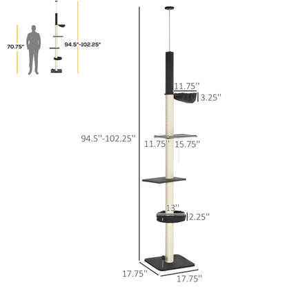 Cat Climbing Tower Floor to Ceiling 5-Tier Adjustable 95' '