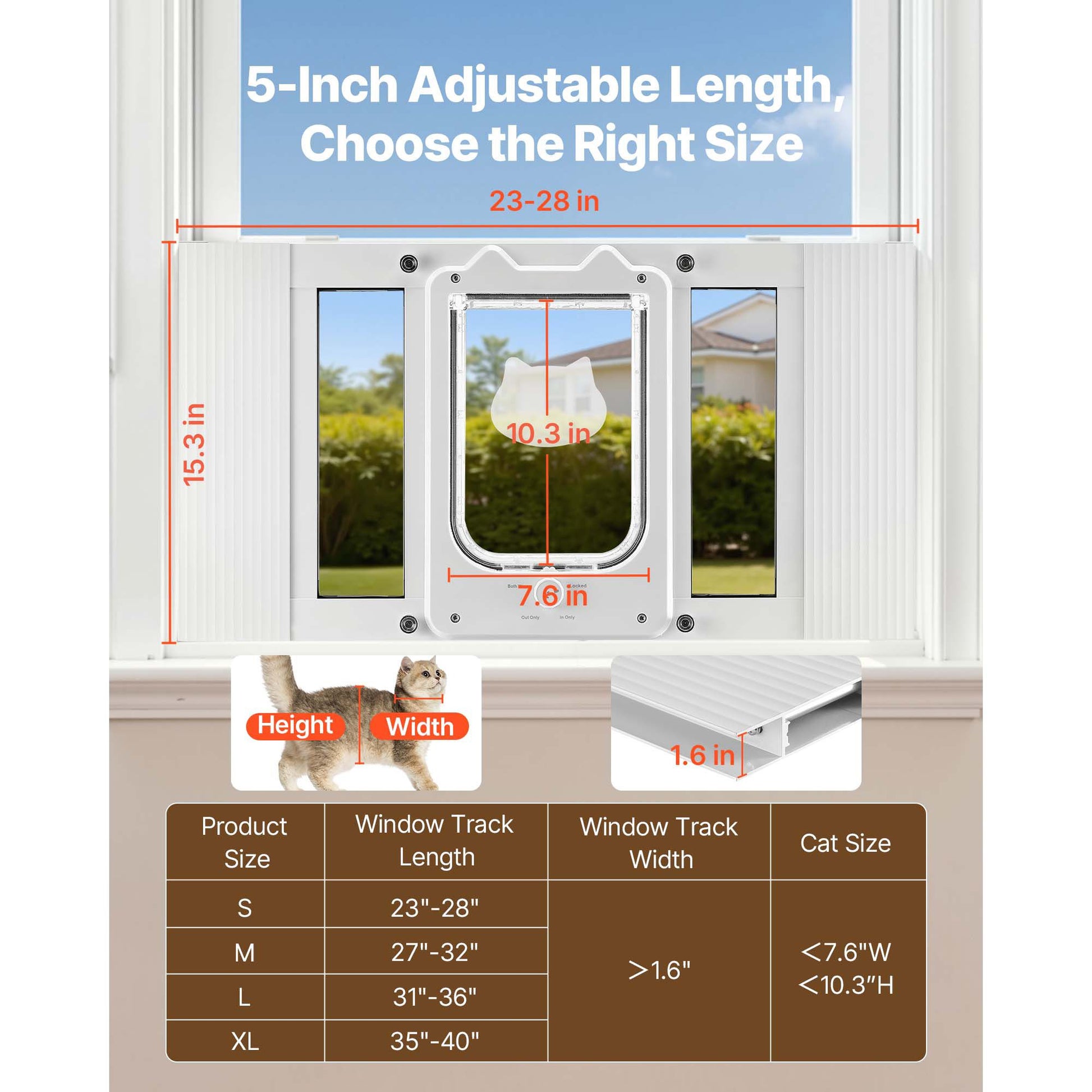 Cat Door for Window, Adjustable to Fit Window Width 23, 4 Secure