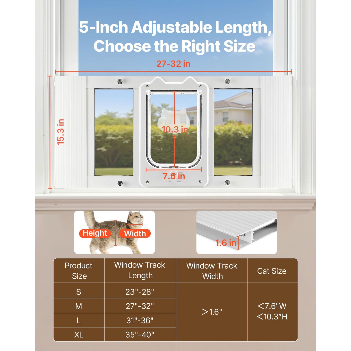 Cat Door for Window, Adjustable to Fit Window Width 27, 4 Secure