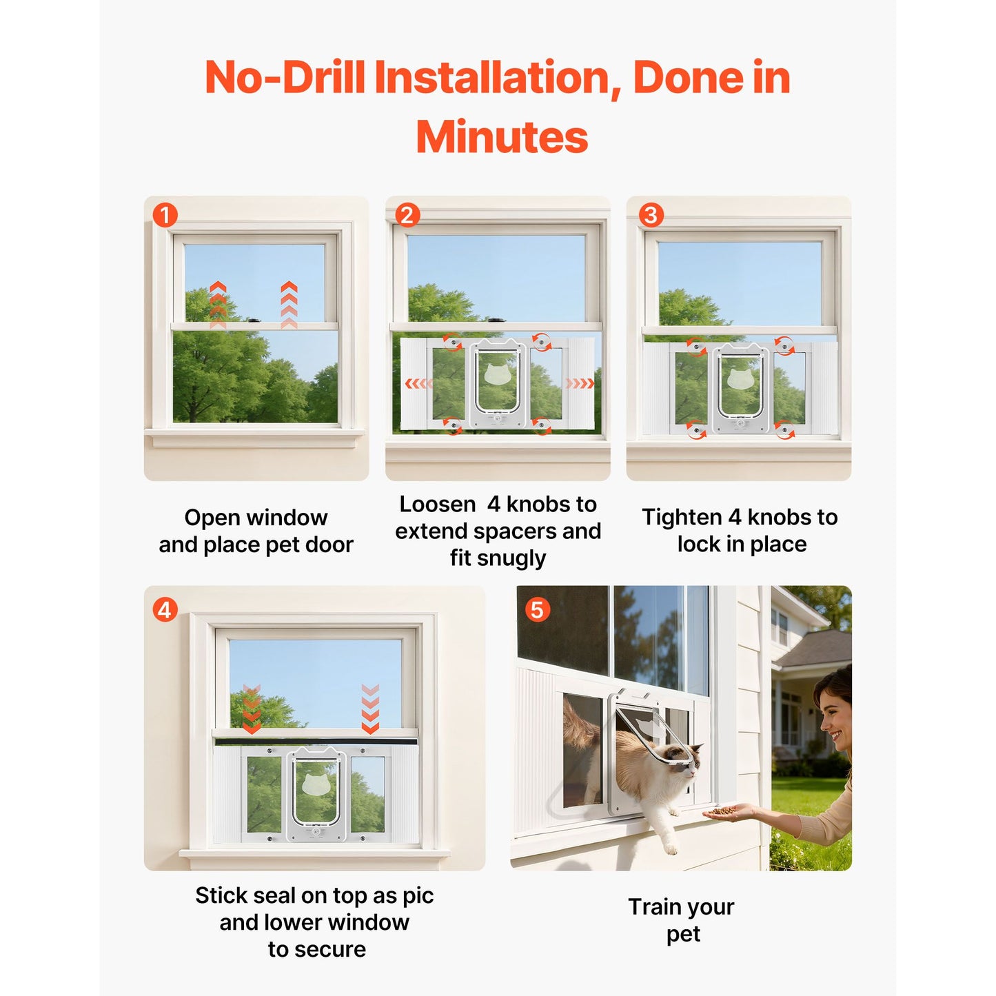 Cat Door for Window, Adjustable to Fit Window Width 27, 4 Secure