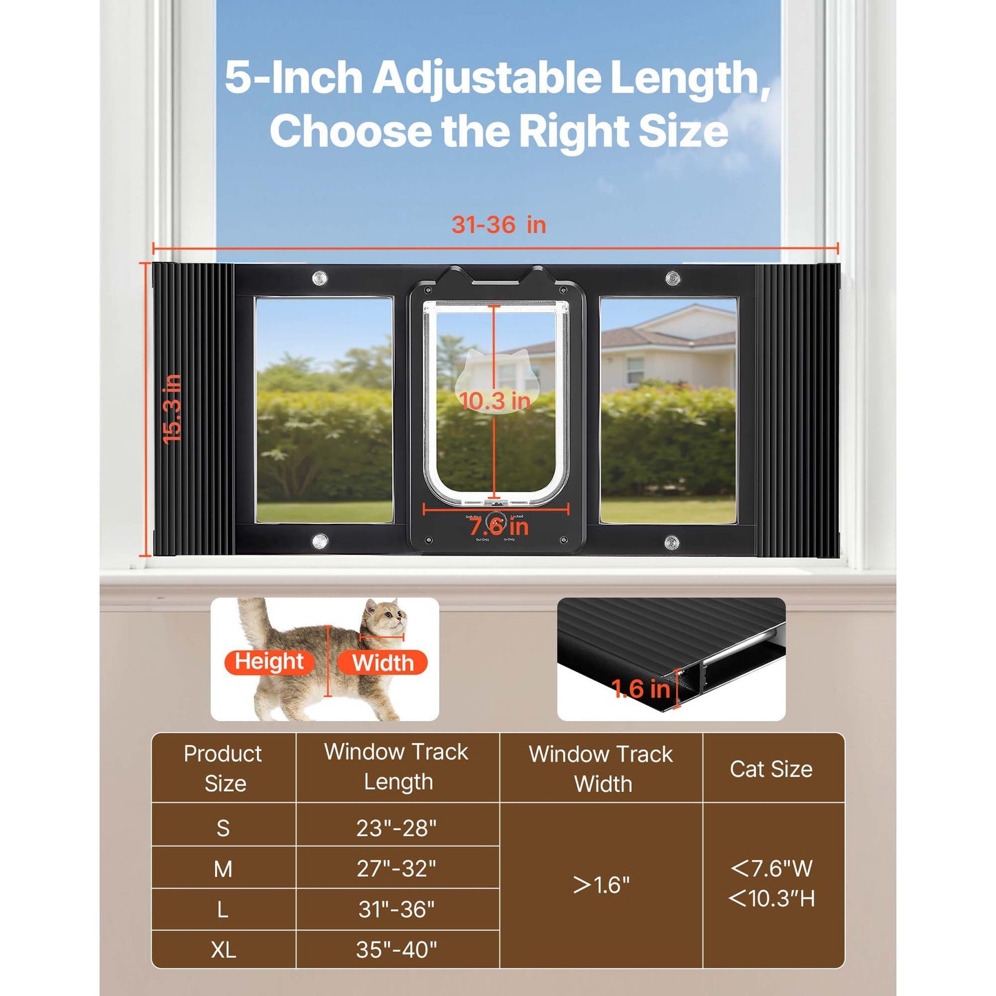 Cat Door for Window, Adjustable to Fit Window Width 31, 4 Secure