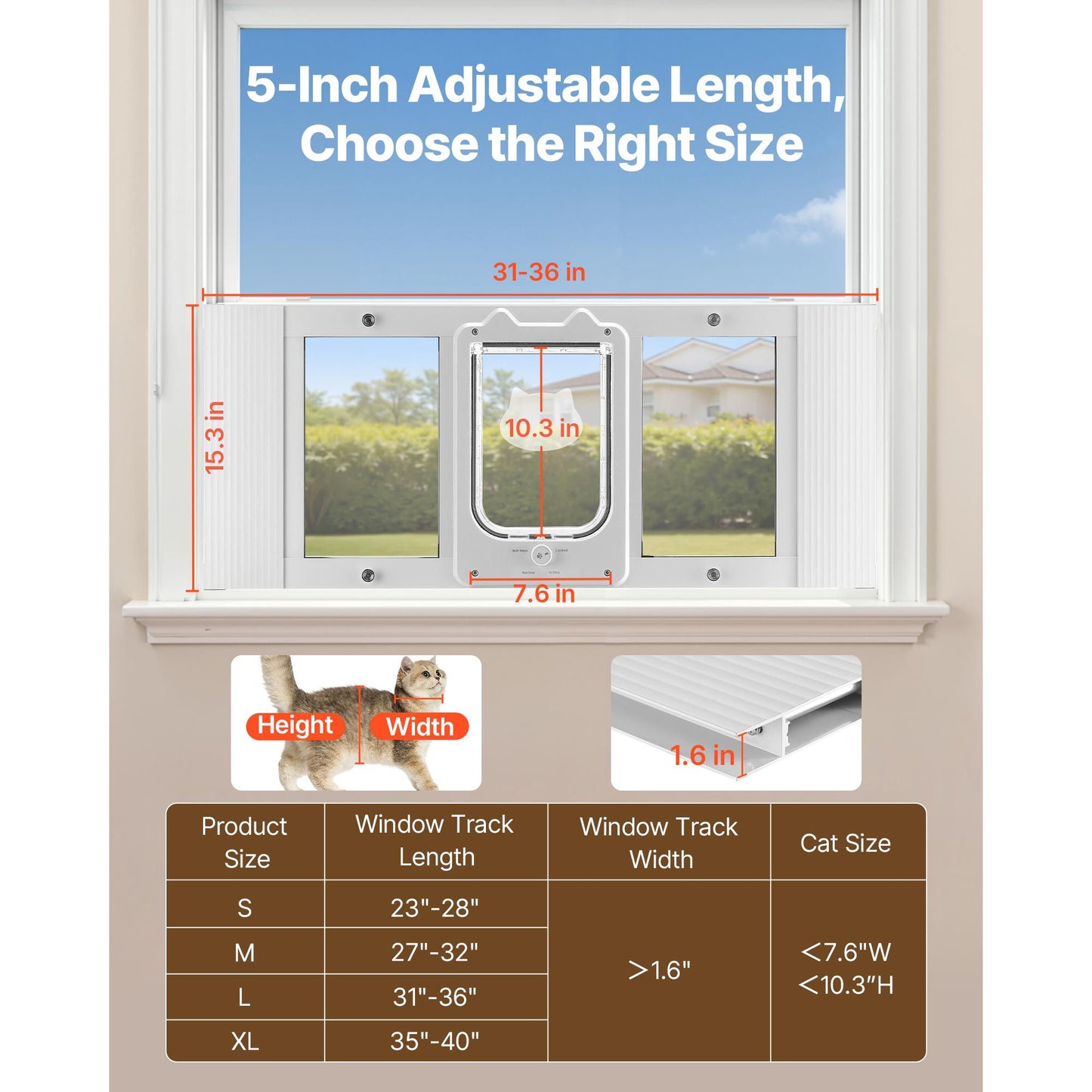 Cat Door for Window, Adjustable to Fit Window Width 31, 4 Secure